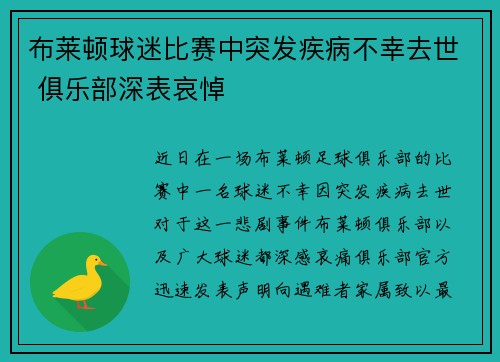 布莱顿球迷比赛中突发疾病不幸去世 俱乐部深表哀悼