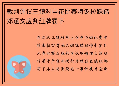 裁判评议三镇对申花比赛特谢拉踩踏邓涵文应判红牌罚下
